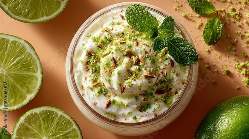 Raita with ground cumin and fresh mint on a peach backdrop showcasing vibrant flavors