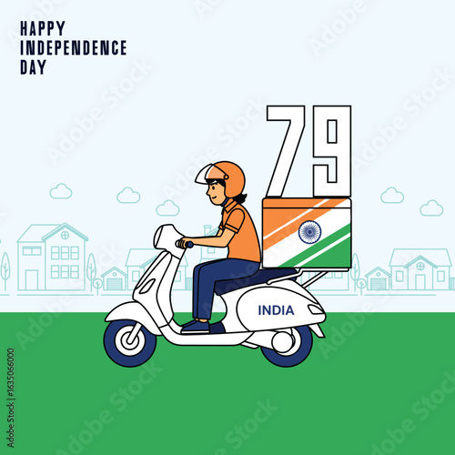 A delivery rider on a scooter with a tricolor box proudly celebrates India's 79th Independence Day, representing the nation's progress and the spirit of a new India.
