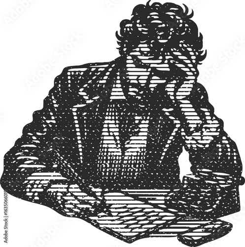 Line Art Poet's Moment: A Writer with Pen and Paper Contemplating Their Next Words