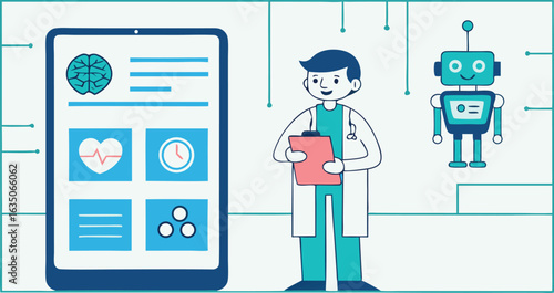 A doctor uses technology with a robot assistant for healthcare providing medical data and monitoring patient health