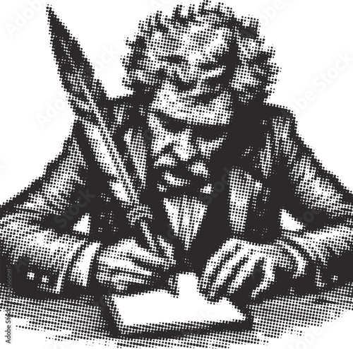  Dot halftone decor digital art of a poet writing with pen and paper in black color illustration