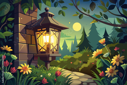 vector of A rustic wall lantern illuminates the garden, providing a soft glow against a backdrop of trees and flowers. Ideal for home decoration.