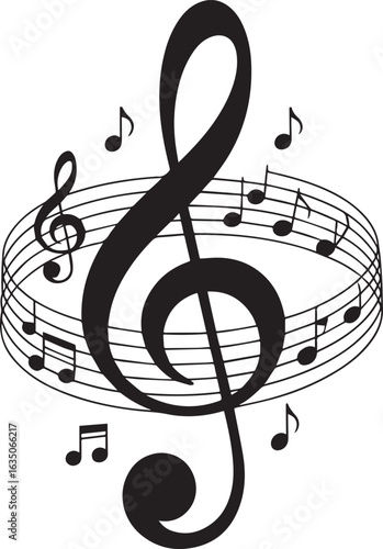 Black treble clef and musical notes on staff lines vector
