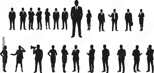 Large group of business professionals, male and female silhouettes, standing and posing in formal attire, corporate teamwork concept, vector flat illustration design