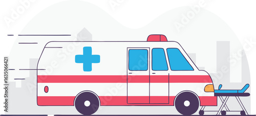 Cartoon ambulance rushing to emergency scene delivering a patient with speed and urgency medical services in healthcare