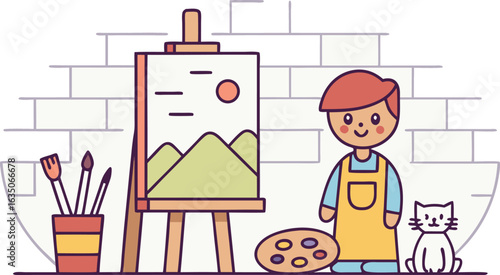 Cute cartoon artist painter with easel palette paint brushes and a friendly cat creating a landscape artwork