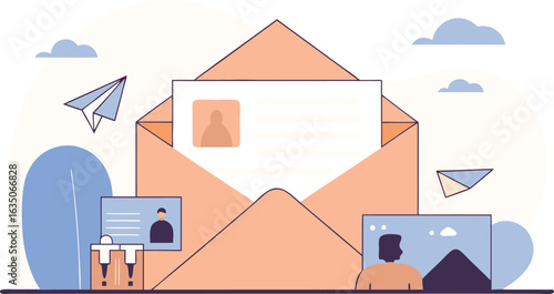Email communication concept featuring envelope and supporting visual elements of profiles paper planes and additional graphics
