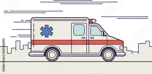 Emergency medical services illustration depicting a rushing ambulance responding to a medical crisis in a city environment with a flat vector style
