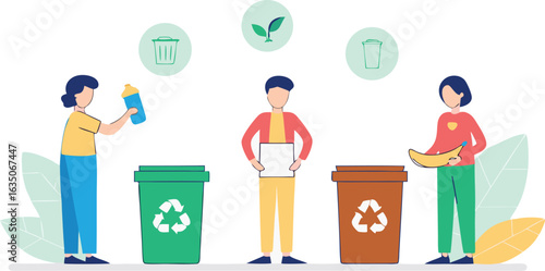 People sorting waste for recycling environmentally friendly behavior sustainability concept illustration with trash bins