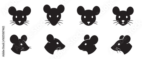 Set of black silhouette mouse faces isolated on white background. concept of icon, logo, rodent illustration, cute animal, design element, graphic art, cartoon character