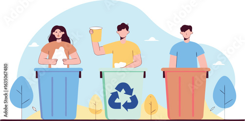 People sorting waste into different recycling bins promoting environmental responsibility and eco-friendly practices for sustainable living.