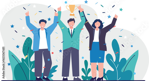Team of business professionals celebrating victory and success with a trophy against abstract background
