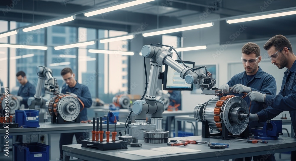 Fototapeta premium Workers coordinating robotic and manual winding methods in electric vehicle motor preparation workshop.