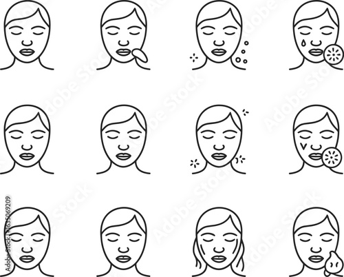 Facial Treatment and Skincare Routine Steps Depicted in Vector Icons for Beauty and Wellness Industry Designs