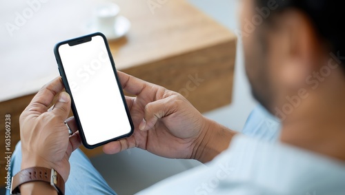 Mockup, woman's hands holding mobile phone with blank screen in coffee shop. Woman using smartphone, looking at the screen, over shoulder view