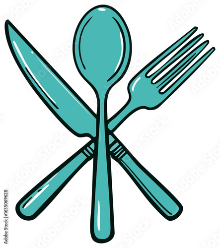 Teal crossed knife fork and spoon cutlery cartoon illustration