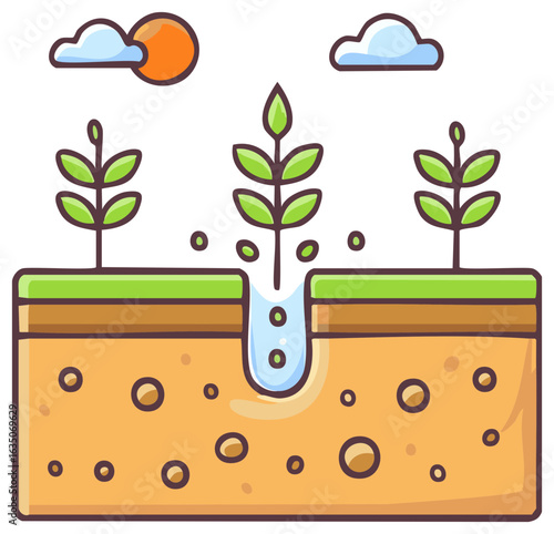 Illustrative plants growing with hydration in fertile soil under a warm sun and cloudy sky