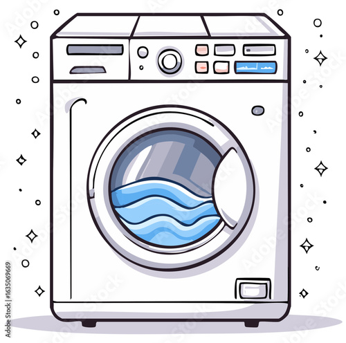 Washing machine cartoon illustration with water and sparkles, clean clothes concept.