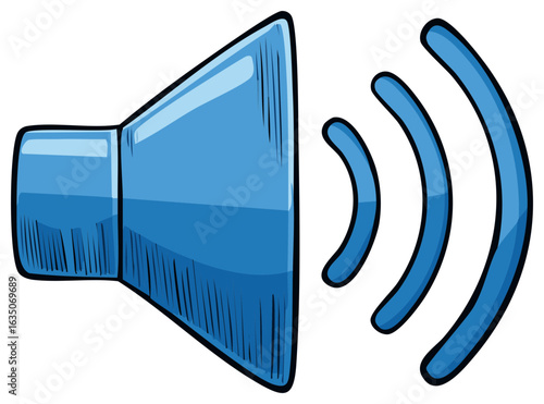 Blue speaker icon with sound waves radiating outwards in a cartoonish style