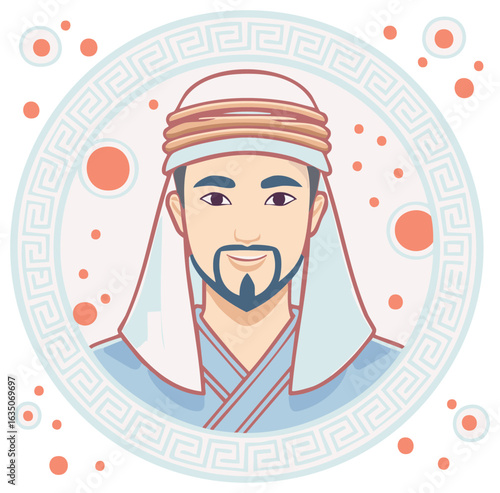 Smiling man wearing traditional clothing in an ornamental circle.