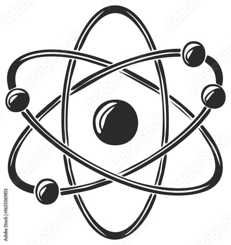 Atom Model Icon, Black and White Scientific Symbol, Electrons Orbiting Nucleus