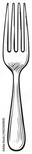 Drawn metal fork with four tines for eating; kitchen utensil design