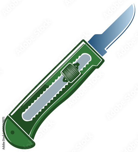 Green utility knife with blue blade illustration on white background