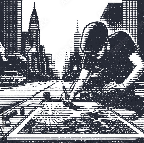 Line Art Street Art: A Man Drawing on the Ground in a City scape