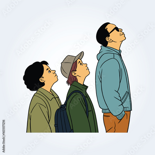 An illustration of people looking up at the sky