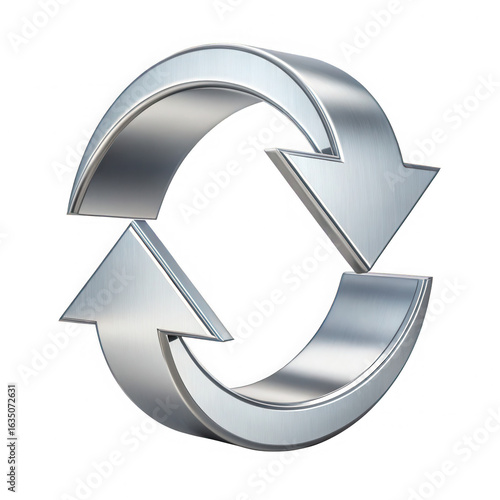 3d Shiny metallic circular arrow symbol representing refresh reload repeat cycle or continuous loop isolated on transparent background