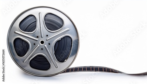 metal film reel unwinding showing the film strip isolated on white background perfect for cinema and movie related projects