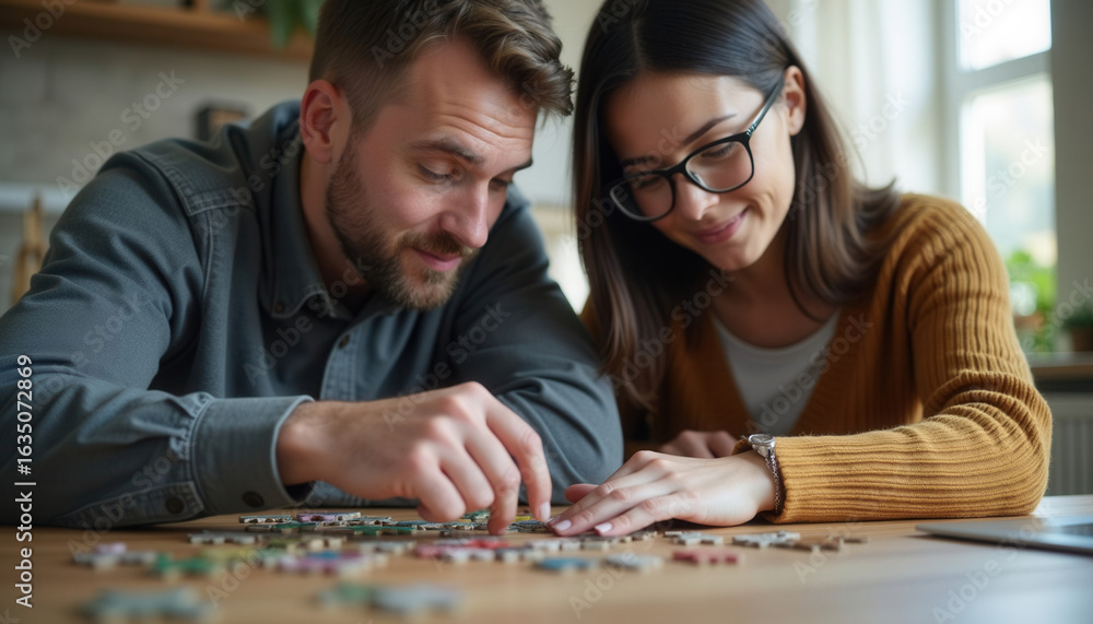 Fototapeta premium Couple assembling jigsaw puzzle together at home on wooden table