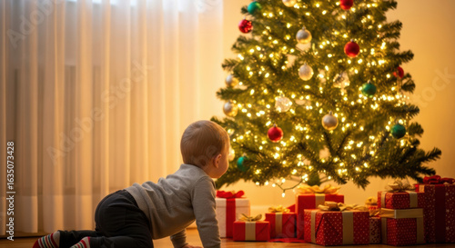 A baby crawling towards christmas tree with presents underneath and lights on the tree in the background