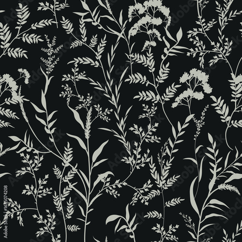 Seamless botanical black and white pattern with fern branches and leaves drawn for summer clothes for textile