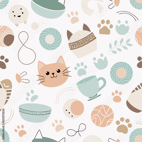 Seamless Cat Object Pattern Vector – Playful Pastel Design on White