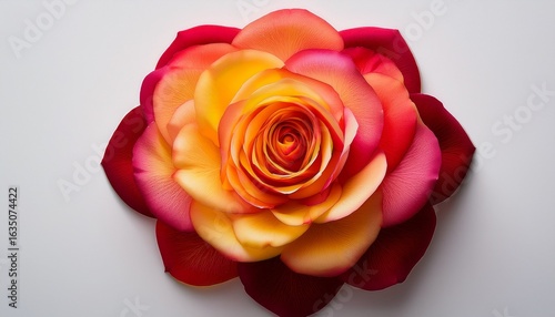 rose petals forming a flower with a gradient of colors from red to yellow on a white background
