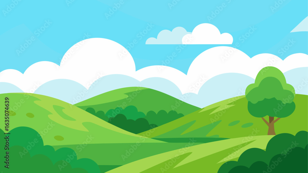 Fototapeta premium Stylized green hills and blue sky with clouds