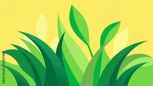 Abstract green grass blades against yellow background