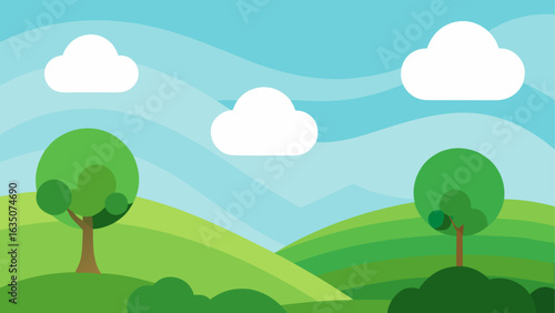 Stylized green hills and trees under a blue sky
