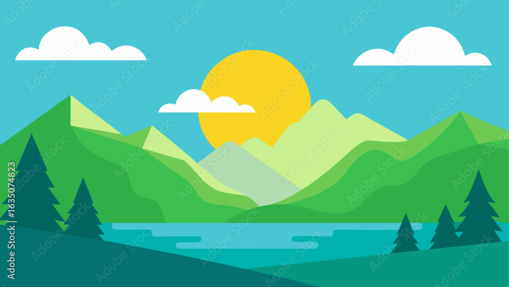Fototapeta premium Flat design mountain landscape with lake and sun