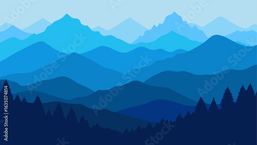 Layered blue mountain landscape with pine trees