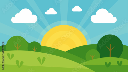 Sunny day over rolling green hills