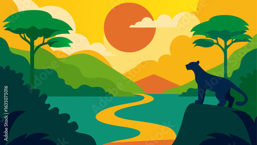 Panther overlooking a winding river at sunset