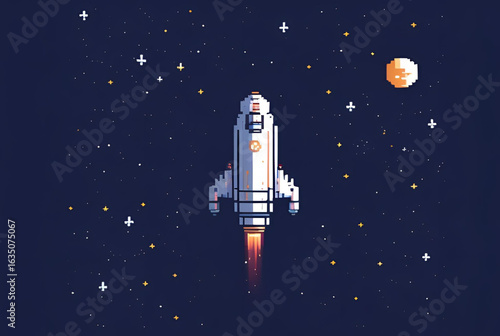 Fototapeta Naklejka Na Ścianę i Meble -  Pixel art illustration of a rocket ship in space