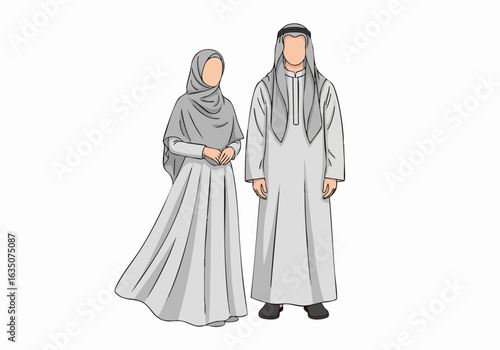Vector Illustration of Arab Couple in Traditional Attire for Cultural Blogs, Educational Websites, Awareness Campaigns, and Social Media Content  