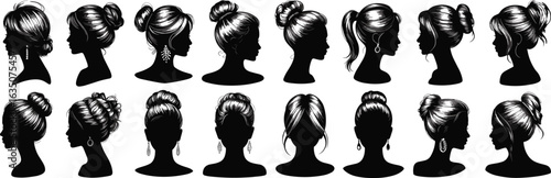 Women hairstyle silhouette set, elegant bun profile, fashion hair vector, updo design collection, beauty icon, stylish female head illustration