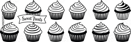 Cupcake illustration set, frosting swirl designs, sweet treats banner, black and white dessert art, bakery icon, pastry vector graphic