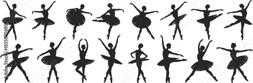 Ballet dancer silhouette set, tutu costume poses, arabesque pirouette movement, elegant dance positions, vector illustration, graceful performance art