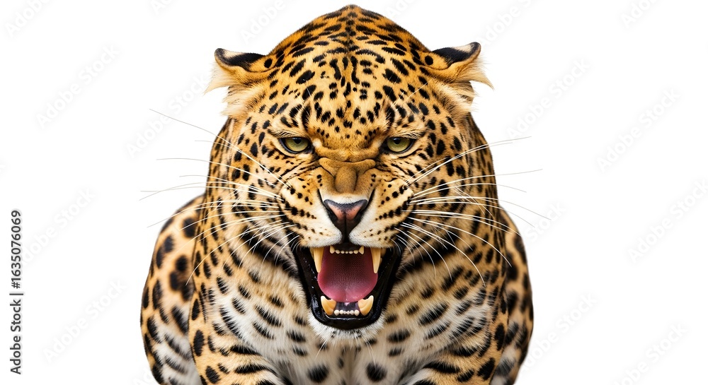 Obraz premium Aggressive Leopard Growling Isolated on White Background