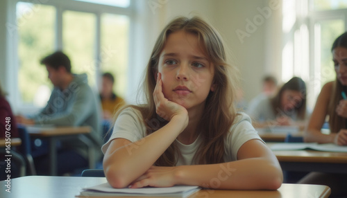 Young girl daydreaming in classroom during exam with students around  